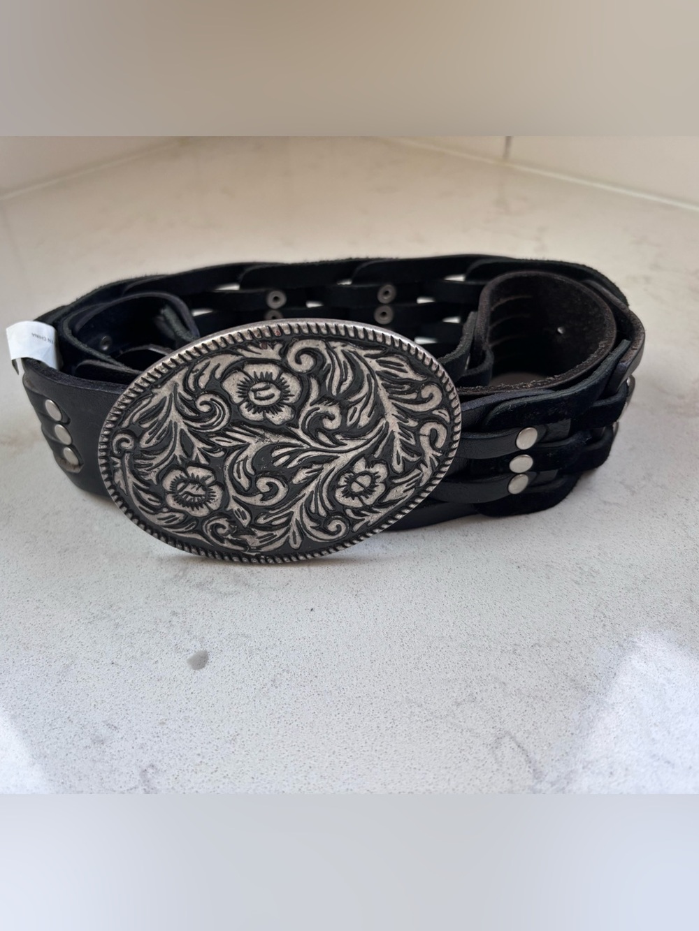 Liz Claiborne Women's Black Leather Belt with Ornate Silver Buckle